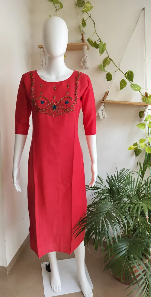 Silk Cotton Handwork Kurti - Orange